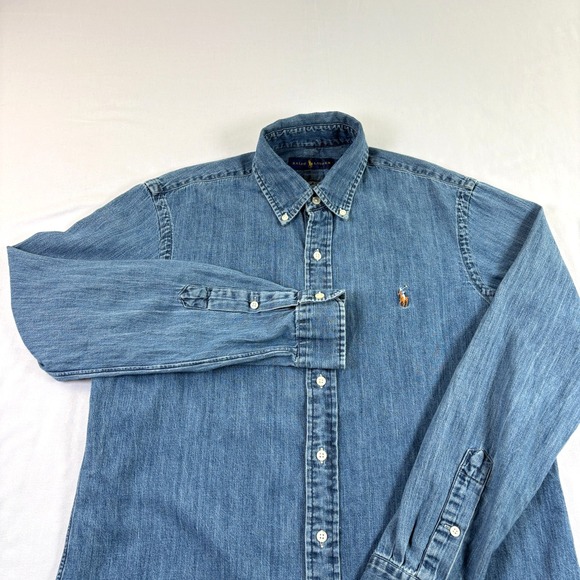Polo Ralph Lauren Denim Shirt Mens Medium Blue Jean Button Up Flesh Pony - Picture 1 of 10